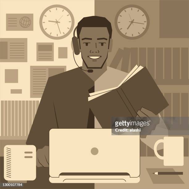 student at work concept, a student working in an office setting and wearing headphones (shirt and tie) using a laptop, also studying a textbook in a classroom (library) or taking an online course - summer job stock illustrations