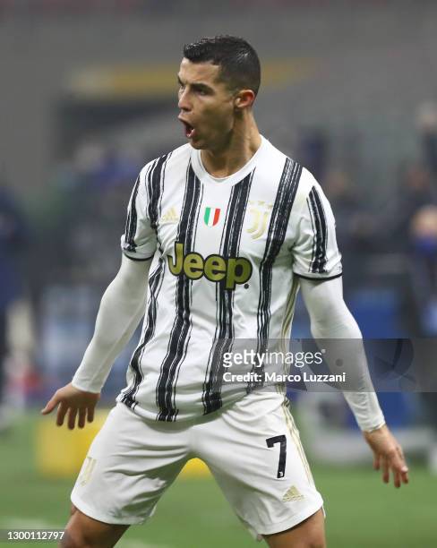 Cristiano Ronaldo of Juventus FC celebrates his second goal during the Coppa Italia semi-final match between FC Internazionale and Juventus at Stadio...