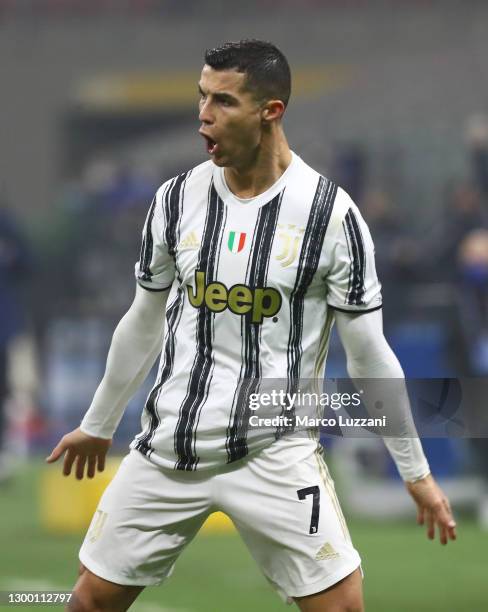 Cristiano Ronaldo of Juventus FC celebrates his second goal during the Coppa Italia semi-final match between FC Internazionale and Juventus at Stadio...