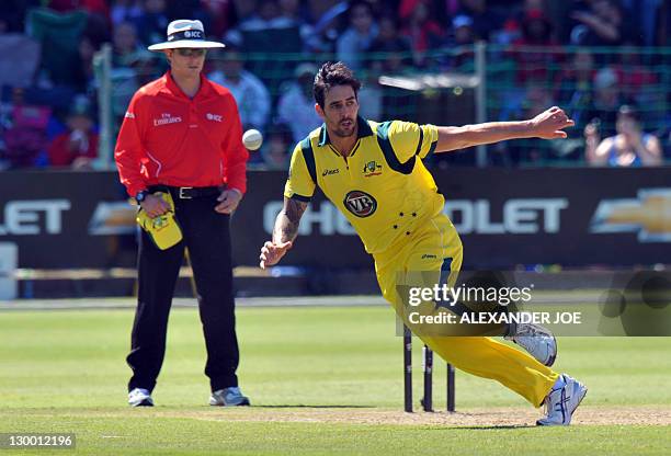 Australian Mitchell Johnson tries to catch out South African batsman Jacques Kallis during the 2nd One Day International at St George's Park in Port...