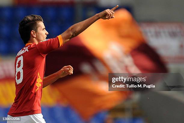 Erik Manuel Lamela of Roma celebrates after scoring the opening goal during the Serie A match between AS Roma and US Citta di Palermo at Stadio...