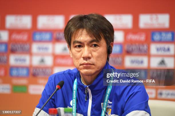 Hong Myung-bo, Head Coach of Ulsan Hyundai looks on during a Press Conference ahead of the FIFA Club World Cup Qatar 2020 on February 03, 2021 in...