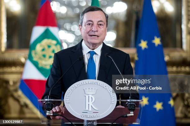 Designated Prime Minister Mario Draghi speaks to media after having accepted from Italian President Sergio Mattarella, the mandate to form a new...
