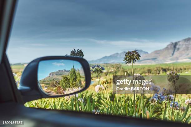 view from car window and reflection in wing mirror looking at stellenbosch wine region in south africa - garden route stock-fotos und bilder