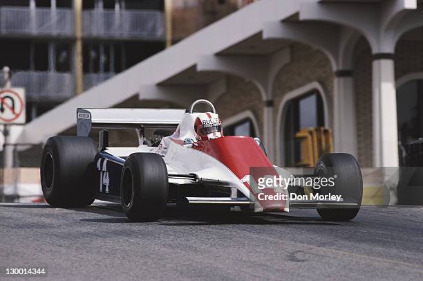 Marc Surer drives the Ensign Racing Ensign N180B Ford Cosworth DFV 3.0 V8 during the United States Grand Prix West on 15th March 1981 at the Long...