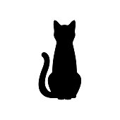 Black Cat Silhouette on White Background.