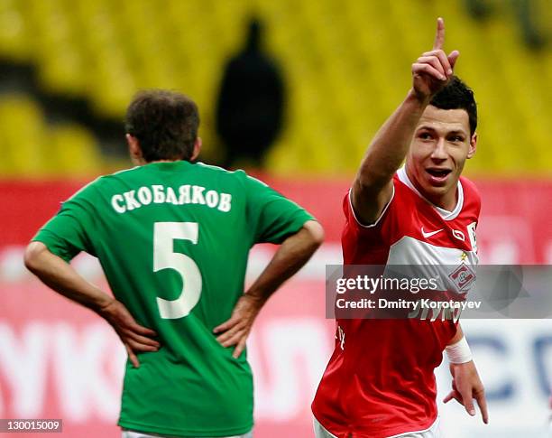 Marek Suchy of FC Spartak Moscow celebrates after scoring a goal during the Russian Football League Championship match between FC Spartak Moscow and...