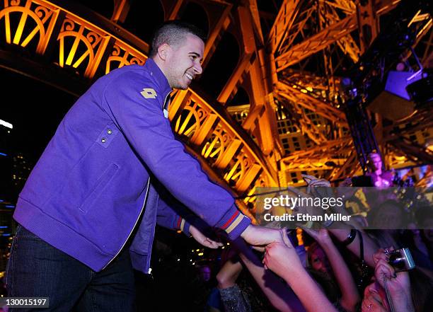 Television personality Vinny Guadagnino greets guests as he hosts at the Chateau Nightclub & Gardens at the Paris Las Vegas early on October 23, 2011...