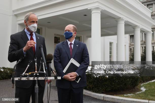 Sen. Tom Carper and Sen. Chris Coons talk to reporters after meeting with President Joe Biden at the White House February 03, 2021 in Washington, DC....