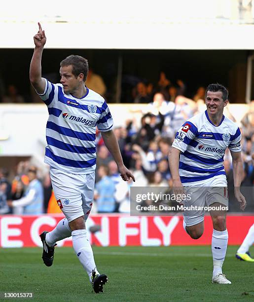 Heidar Helguson of Queens Park Rangers celebrates scoring from a penalty kick with team mate Joey Barton during the Barclays Premier League match...