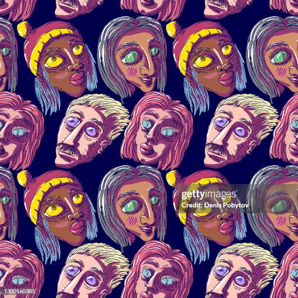 hand-drawn vector seamless illustration of doodles - human faces. - same person different poses stock illustrations