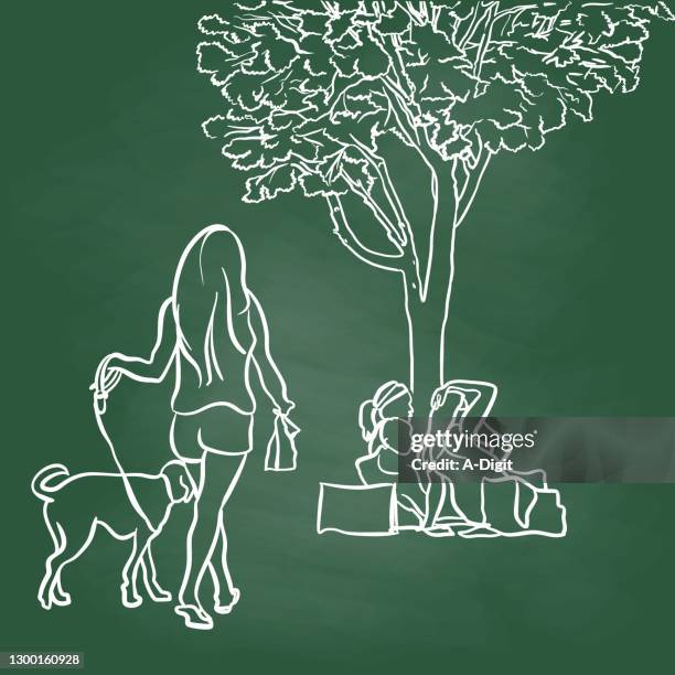 dog prancing around at the park chalkboard - walking group exercise stock illustrations