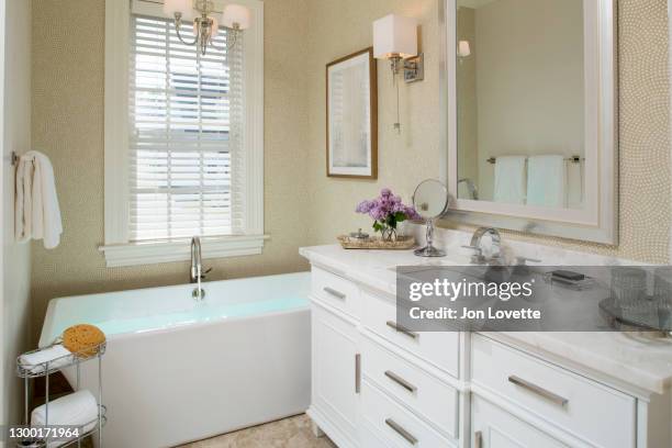 small bathroom with tub and vanity combining vintage and modern styles - bathroom vanity fotografías e imágenes de stock