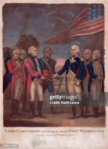 cornwallis surrenders to washington - revolutionary war flag stock illustrations