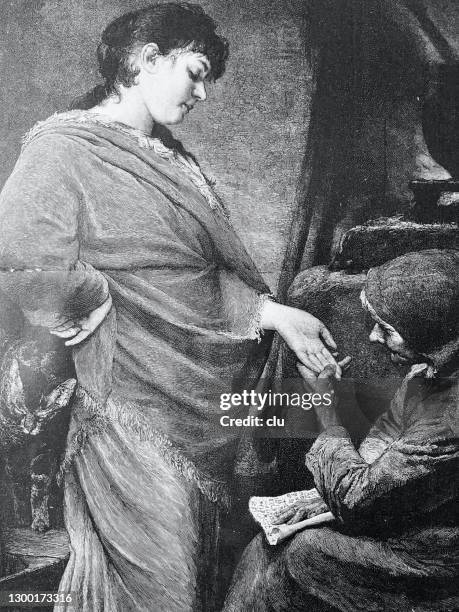 young woman holding hand to a fortune teller - fortune teller stock illustrations