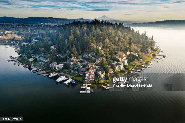 luxury houses along shoreline on meydenbauer bay - washington state stock pictures, royalty-free photos & images