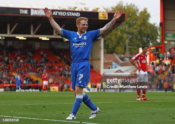 Chris Burke of Birmingham celebrates his second goal during the npower Championship match between Bristol City and Birmingham City at Ashton Gate on...