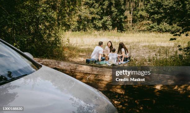 family spending leisure time while sitting in forest during vacation - family at a picnic ストックフォトと画像