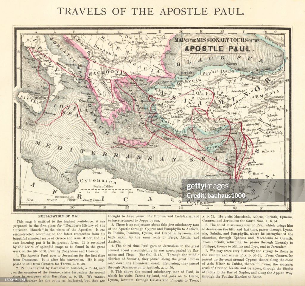Antike Gravur: Reisen des Apostels Paul Karte Gravur