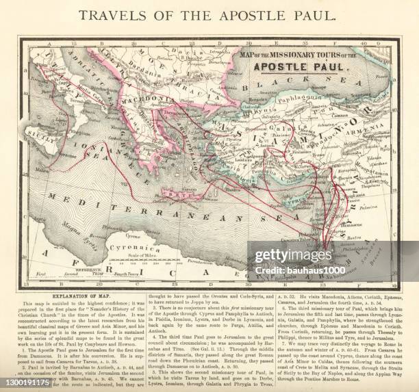 antique engraving: travels of the apostle paul map engraving - ancient israel stock illustrations