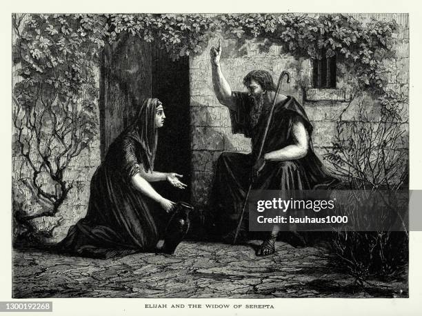 antique engraving: elijah and the widow of serepta engraving - widow stock illustrations