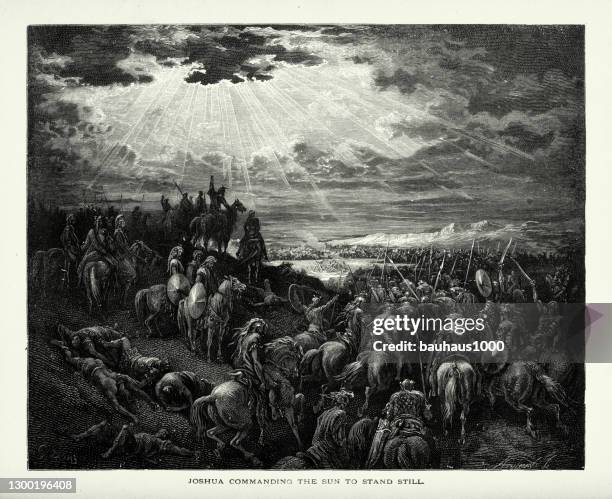 antique engraving: joshua commanding the sun to stand still biblical engraving - jerusalem stock illustrations