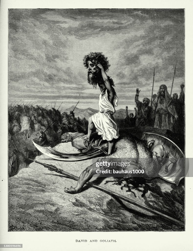 Antique Engraving: David and Goliath Biblical Engraving
