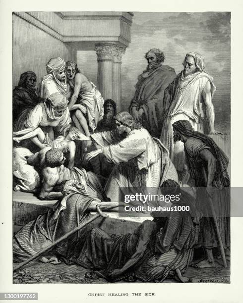 antique engraving: christ healing the sick and affirmed biblical engraving - images of jesus healing stock illustrations