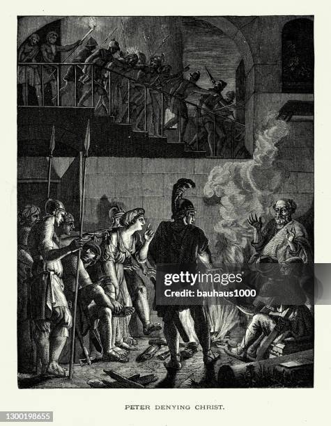 antique engraving: peter denying christ biblical engraving - peter the apostle stock illustrations