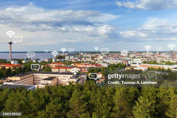 näsinneula observation tower and the city of tampere, finland, viewed from above on a sunny day in the summer. - aumento digital fotografías e imágenes de stock