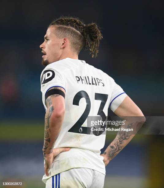 Kalvin Phillips of Leeds United looks on during the Premier League match between Leeds United and Everton at Elland Road on February 03, 2021 in...