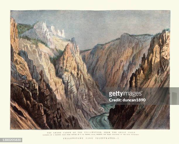 ilustrações, clipart, desenhos animados e ícones de grand canyon of the yellowstone, from the great falls, século xix - canyon