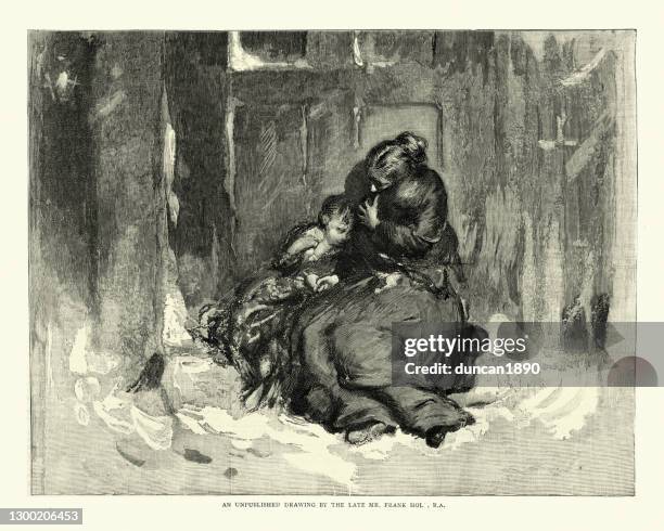 homeless mother and child on streets of victorian london, 19th century - 3 year old stock illustrations