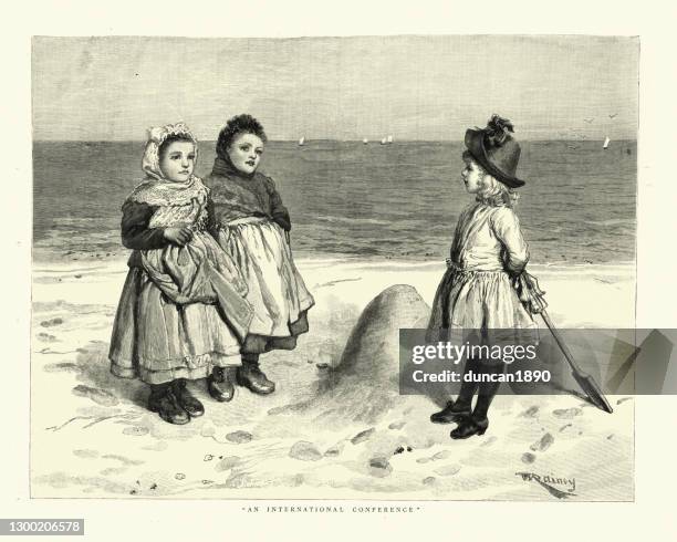 little girls from different countries playing on the beach, victorian 1880s - child dig history stock illustrations