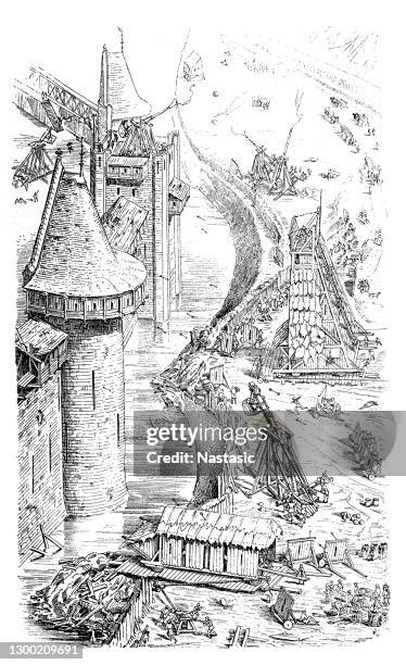 attacking and defending a castle wall in the 12th century - security torch light stock illustrations