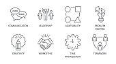 Vector soft skills icons. Editable stroke. Interpersonal attributes symbols succeed in workplace. Communication teamwork adaptability problem solving creativity work ethic time management leadership