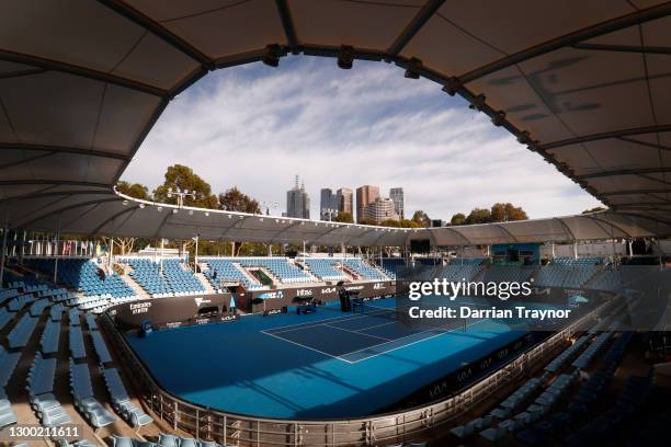 Empty courts are seen at Melbourne Park on February 04, 2021 in Melbourne, Australia. Victoria has reintroduced COVID-19 restrictions after a hotel...