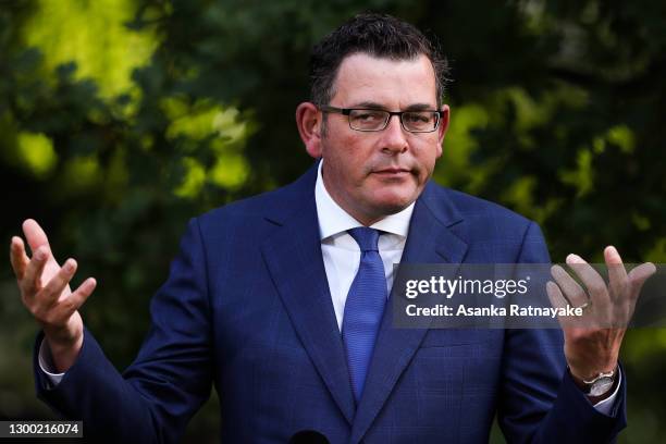 Premier of Victoria Daniel Andrews speaks and makes a gesture during a Press conference at Victorian Parliament House on February 04, 2021 in...