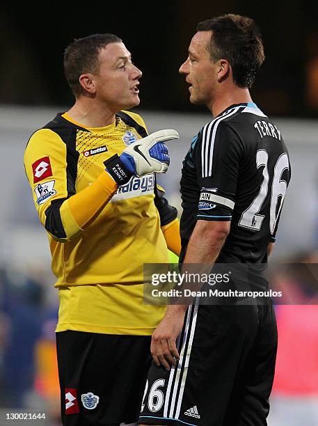 John Terry of Chelsea argues with Paddy Kenny of Queens Park Rangers after the Barclays Premier League match between Queens Park Rangers and Chelsea...