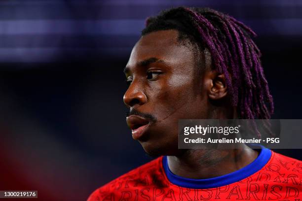 Moise Kean of Paris Saint-Germain looks on during warmup before the Ligue 1 soccer match between Paris Saint-Germain and Nimes Olympique at Parc des...