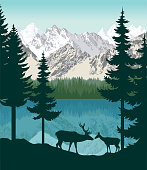vector mountains with lake and couple of white tailed deers