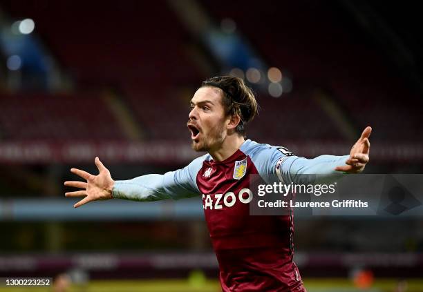 Jack Grealish of Aston Villa argues with the linesman during the Premier League match between Aston Villa and West Ham United at Villa Park on...