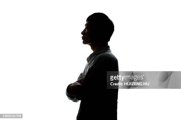 male portrait silhouette, thinking man - black male profile stockfoto's en -beelden