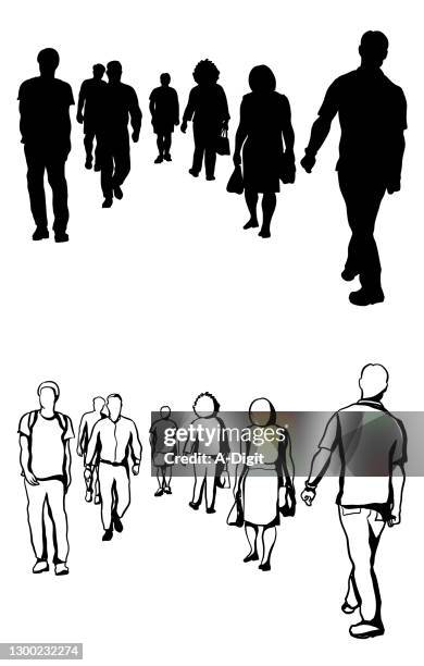 ilustrações, clipart, desenhos animados e ícones de seis pés além social distanciando a silhueta da multidão - perspectiva espacial