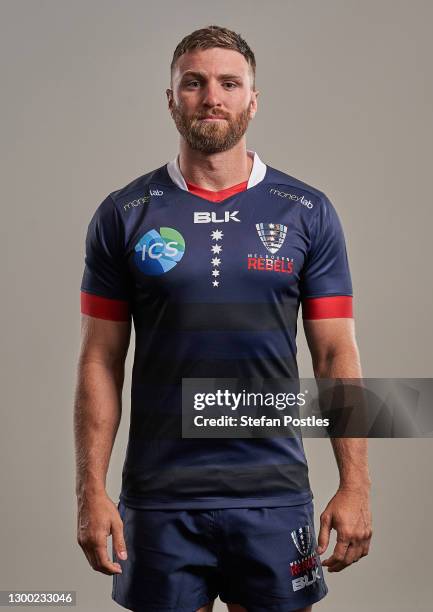 Lewis Holland poses during the Melbourne Rebels Super Rugby headshots session at AAMI Park on February 03, 2021 in Melbourne, Australia.