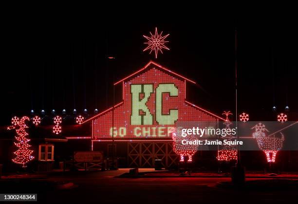 Barn at the Deanna Rose Homestead is lit in red in support of the Kansas City Chiefs ahead of Super Bowl LV on February 03, 2021 in Overland Park,...