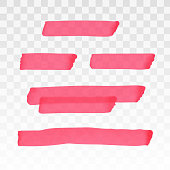 Pink highlighter transparent brush lines set. Marker highlight underline stripes isolated on transparent background. Vector hand drawn graphic stylish element