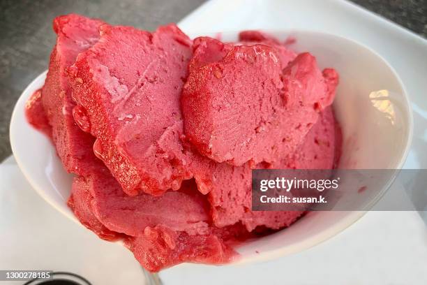 directly above shot of raspberry gelato. - gelato stock pictures, royalty-free photos & images