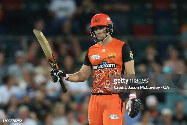 Liam Livingstone of the Scorchers celebrates after reaching his half century during the Big Bash League 'Challenger Final' match between the Perth...