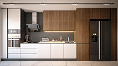 Interior Design. Architecture. Computer generated image of kitchen. Architectural Visualization. 3D rendering.